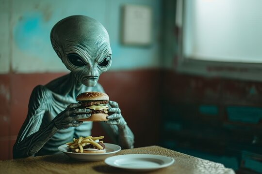 alien sitting in a restaurant eating a burger, fantasy