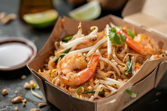 Comida asi&aacute;tica para llevar. Envase cuadrado con alimento de tipo oriental. Gambas, pasta y verduras.