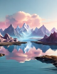 Fototapeta na wymiar 3d render, fantasy landscape panorama with mountains reflecting in the water. Abstract background. Spiritual zen wallpaper with skyline Generative AI