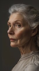 An older woman with white hair looking off to the side