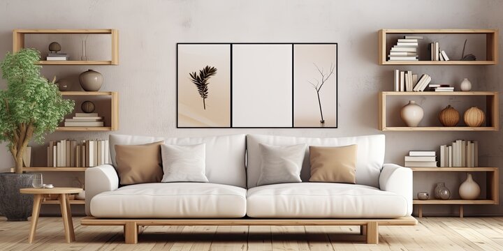 Photo of a sophisticated living room with a cozy couch, artwork, and shelves.
