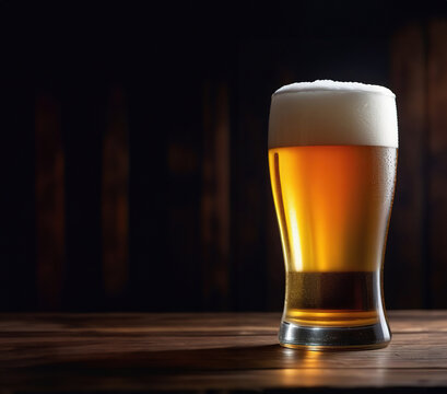 Cold beer in a glass, close up in a dark pub with dark background. Beer banner