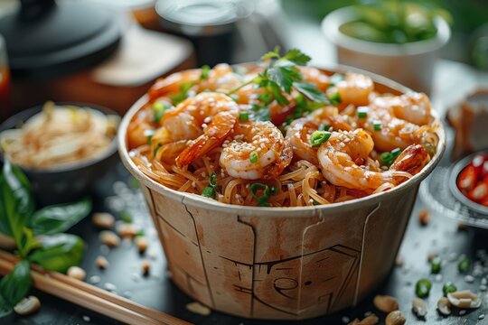 Comida asi&aacute;tica para llevar. Envase redondo con alimento de tipo oriental. Gambas, pasta y verduras.