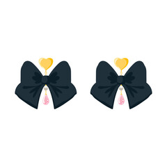 Gold dangle earring with golden heart, pearl and black bow. Modern Trendy Women Accessories jewelry Vector illustration