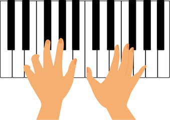 Female hands play piano. Top view. Piano keys and player hands. Piano musical instrument keyboard. Isolated.