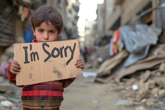 poor little girl from a refugee camp with a sign in her hands that says I'm Sorry