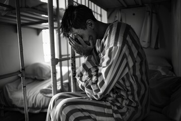 Despondent prisoner in striped uniform sitting on a bunk bed, covering his face with his hands in a dimly lit cell - obrazy, fototapety, plakaty