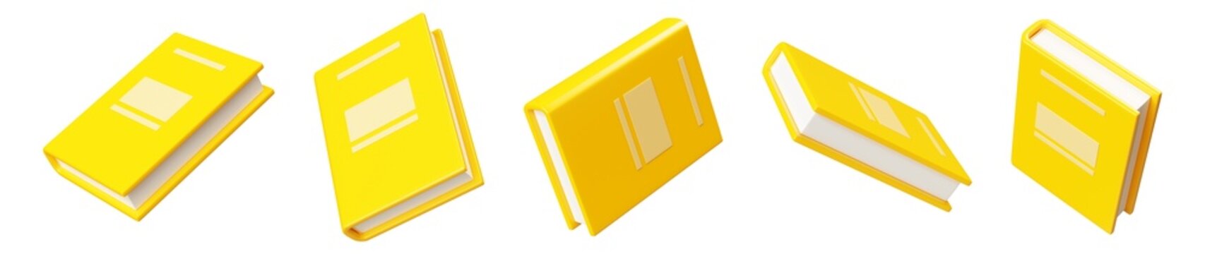 Close paper book with yellow hard cover flying in air in different angles of view. 3d render