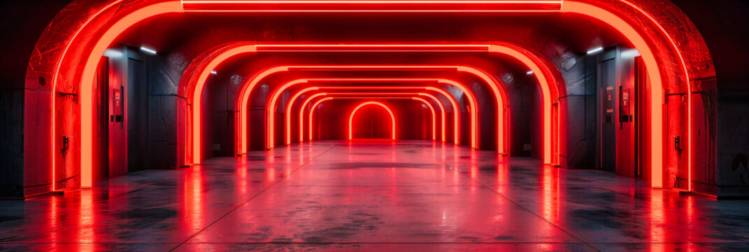 Fototapeta A futuristic tunnel illuminated by neon lights, creating a sense of movement and modernity in a dark and abstract space