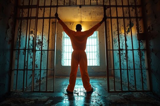 Silhouette of a prisoner in an orange jumpsuit standing with arms raised in a dilapidated cell with light streaming in