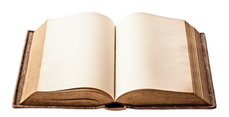 Open antique book with worn leather covers and yellowed blank pages, cut out