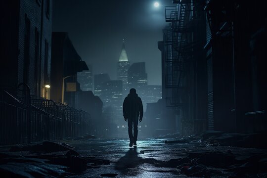 Figure Of A Person Walking Alone Through The Dark Streets Of The City