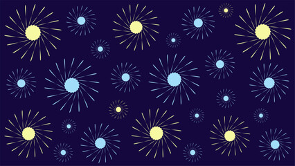 Dark blue background with fireworks that look like flowers in blue and yellow colors.