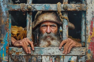 Old pirate with grey beard in pirate attire looks through rusty prison bars - obrazy, fototapety, plakaty