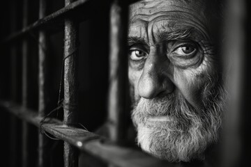 Expressive look of a bearded elderly man behind prison bars, black and white image