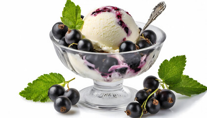 Black currant icecream in glass bowl with mint leaves and spoon at white background