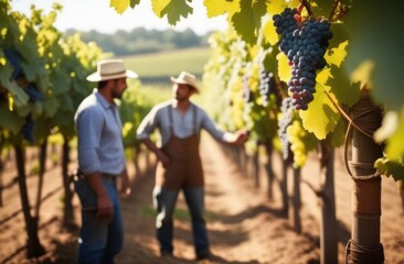 male workers in hats harvest, bunches of grapes hanging from a branch, grape plantation, summer...