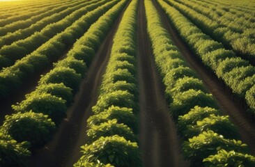 orchards, long rows of lemon trees, plantations of trees to the horizon, sunset or dawn light,...