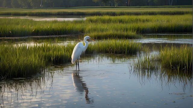 Calm egret strolling through a peaceful marsh