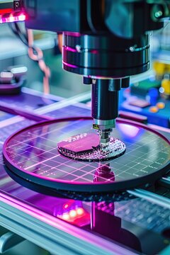 Computer chip manufacturing at fab. Semiconductor packaging process. Close-up of pick and place machine attaching silicon die to substrate.