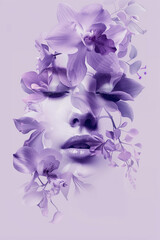 beauty collage of woman's face with purple flowers isolated on lilac background. 