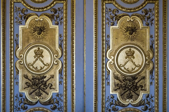 Versailles, France, Europe.  Beautiful gilded baroque doors.