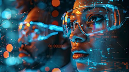 Scientists focus intently while wearing safety goggles, with digital data. Futuristic. Close-up