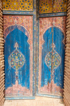 Marrakech, Morocco  The Saadian tombs which is the famous royal necropolis from the 16th century. Old painted door