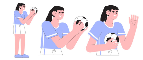 Vector illustration of girl in professional uniform playing football or soccer. Creative kid soccer, football club, game or friendly match illustration. Teenage or children soccer club or competition.