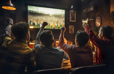 back, rear view of Group of young friends drinking beer watching football on tv green screen at sports bar. people watching a match in sports bar. fans watching a game in pub, celebrate goal mock up   - obrazy, fototapety, plakaty