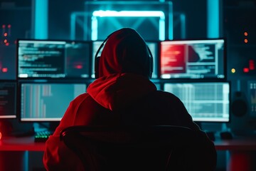 a computer hacker looks over his malicious code in preparation for a cyber security hack