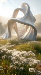 A large white sculpture stands tall in a field of colorful flowers, contrasting against the natural beauty of the surroundings