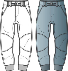 Sweat Pants Flat Sketch: Fashion Design Template with Vector Drawing. Boys' Fashion Pants Design Technical Sketch.