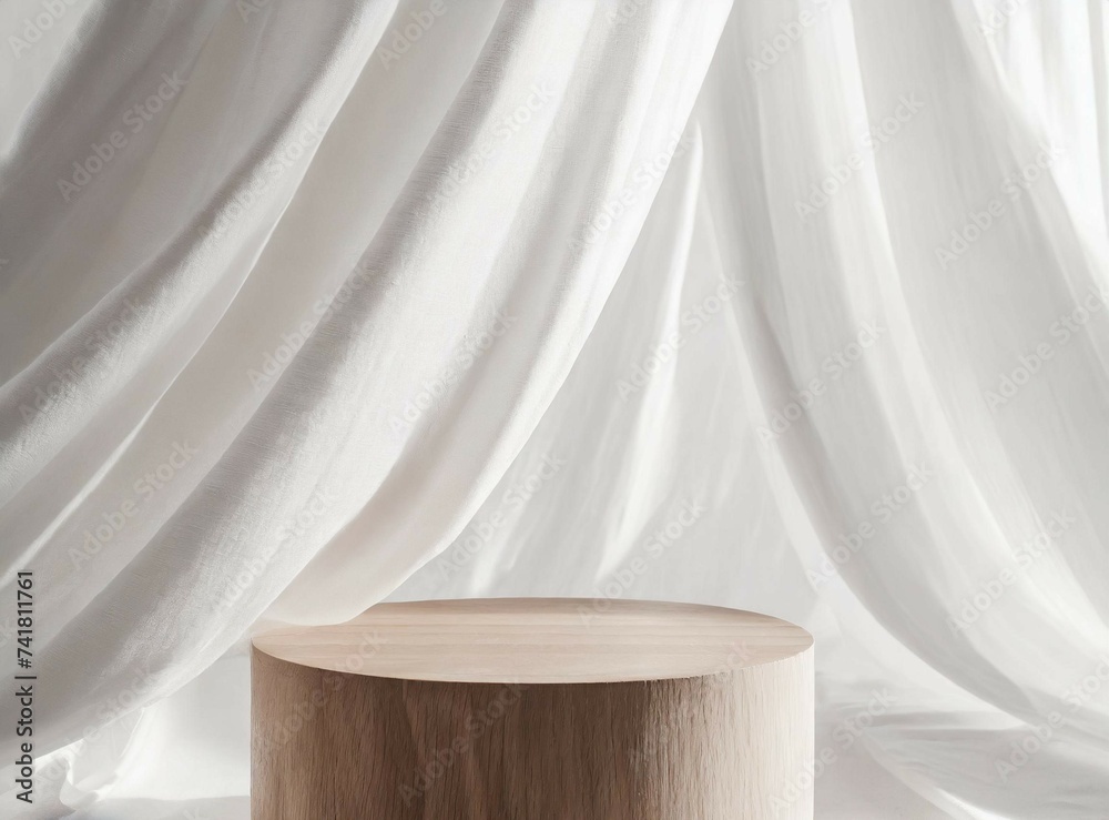 Poster Empty modern round wooden podium side table in soft white blowing drapery curtain drapes in sunlight for luxury cosmetic skincare beauty treatment fashion product display background 3d.