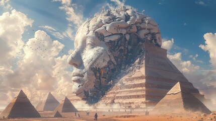A futuristic AI brain merging with fantasy landscapes where mafia lords rule ancient pyramids - obrazy, fototapety, plakaty
