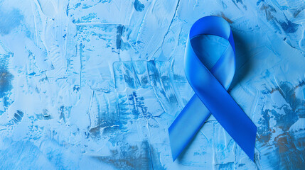  Colorectal Cancer Awareness banner design with artistic illustration of a blue ribbon symbol over light blue background..