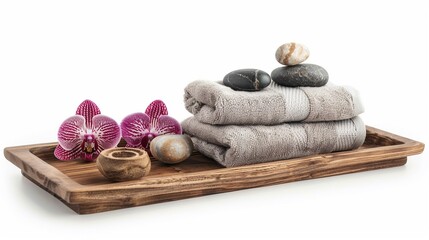 Fototapeta na wymiar Clean towel rolls, fresh orchid flowers and stacking zen pebbles served in a wooden tray isolated on white background, for cosmetic, spa, and hot bath relaxation.