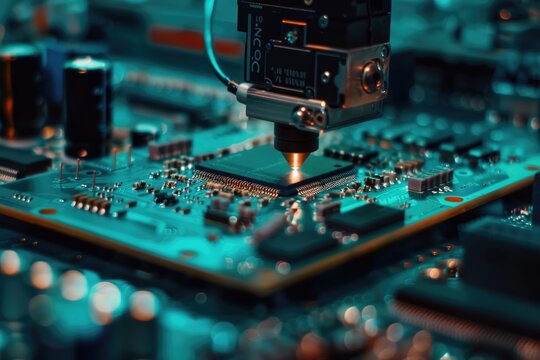 High Precision Robot Arm in Electronics Factory for PCB Assembly.