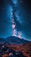 The Milky Way galaxy illuminates the night sky above a rugged desert landscape