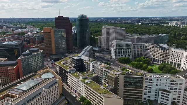 Aerial Drone shot of Leipziger Platz in the center of Berlin , It is located along Leipziger Stra&szlig;e just east of and adjacent to the Potsdamer Platz .