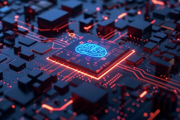 AI Brain Chip semiconductor electronics. Artificial Intelligence quantum mind human mental sharpness mind circuit board. Neuronal network cisc smart computer processor rf circuits