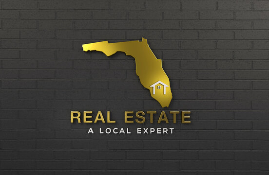Gold Florida outline with a house icon on a dark brick wall, titled "Real Estate - A Local Expert