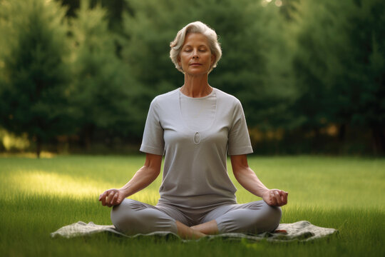 A senior woman is meditating in the park on the grass at a sunny morning
