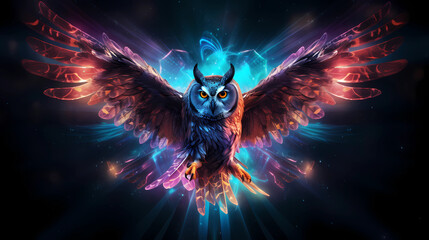 Flying Owl Animal Plexus Neon Black Background Digital Desktop Wallpaper HD 4k Network Light Glowing Laser Motion Bright Abstract	 - obrazy, fototapety, plakaty
