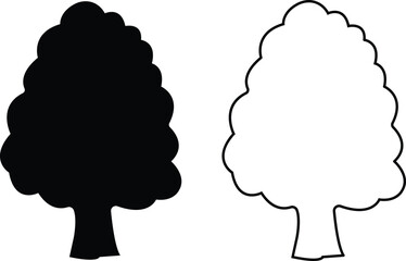 Trees flat line icons set. Plants, landscape design, fir tree, succulent, privacy shrub, lawn grass, flowers black vector collection isolated on transparent background. tree simple silhouettes nature.