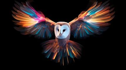 Foto op Plexiglas Flying Barn Owl Animal Plexus Neon Black Background Digital Desktop Wallpaper HD 4k Network Light Glowing Laser Motion Bright Abstract  © Sorab