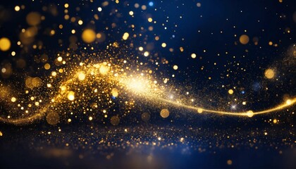 Christmas Golden light shine particles bokeh on navy blue background. Holiday concept. Abstract background with Dark blue and gold particle. AI generated
