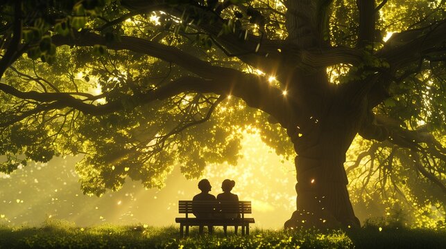 Shafts of golden sunlight filter through the canopy above, casting a warm glow upon the scene and illuminating t