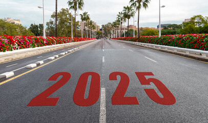 Text of 2025  written in the middle of beautiful asphalt road with palms