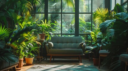 Eco friendly living space with lush green plants natural light promoting sustainability and wellness